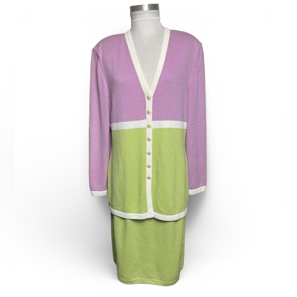 Vintage St. John collection lavender purple green Cardigan and Skirt Set large